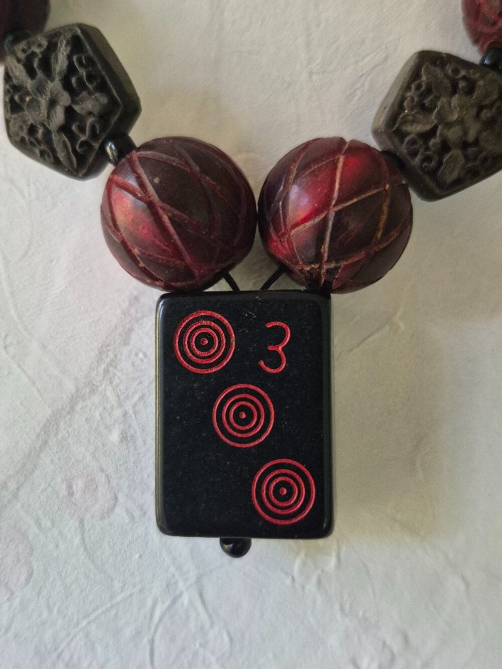 One-of-a-kind Necklace carved Brown and Red Cinnabar beads with Mahjong 3 Tile - Picture 2 of 8